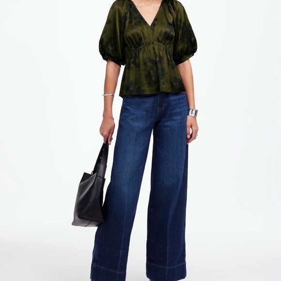 NWT MADEWELL Short Puff Sleeve V-Neck Empire Waist Satin Blouse Size X-Small - Picture 5 of 6